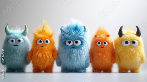 3d render set of assorte3d yellow round stickers with blue hairy yeti monster funny icons for social account design abstract circles isolate3d on white background