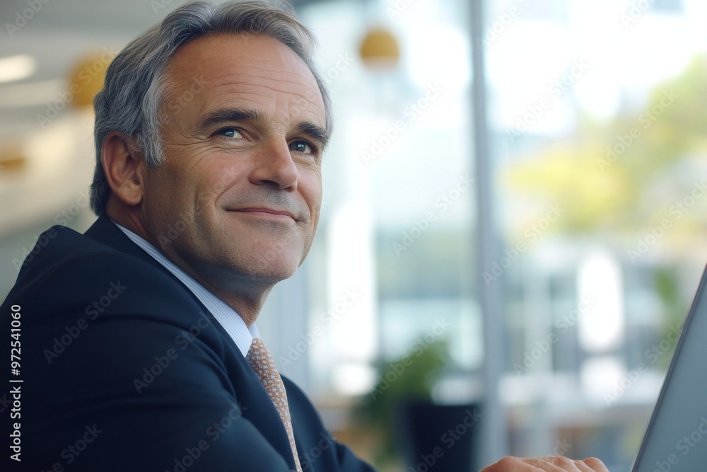 Happy mature middle aged professional business american man bank worker or hr manager, corporate executive looking away at work working on laptop computer in office thinking of business technology fut Happy mature middle aged professional business american man bank worker or hr manager, corporate executive looking away at work working on laptop computer in office thinking of business technology fut