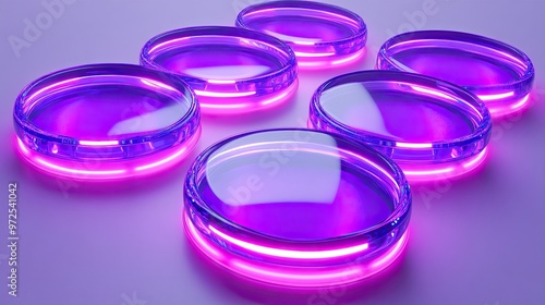 3d render set of round violet stickers with neon glow modern minimal icons for social account design abstract circles isolate3d on white background