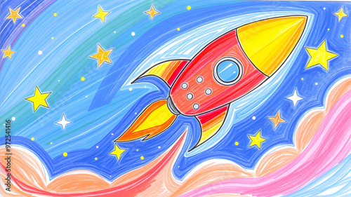 A colorful drawing of a rocket flying through a star-filled space. Generative AI