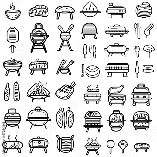 Collection of Barbecue Grill and Utensil Icons Detailed Vector Set for Summer Cookouts and Outdoor Events