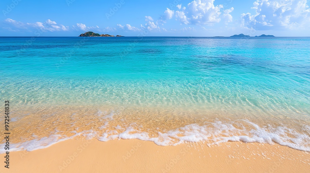 Crystal clear blue water laps against a sandy beach on a sunny day. Crystal clear blue water laps against a sandy beach on a sunny day.