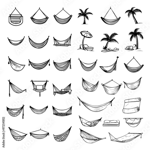 Relaxing Hammock Collection Diverse Sketches of Leisure, Vacation, and Serene Outdoor Resting Places