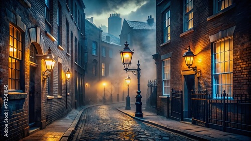 Dark alleys and foggy streets of Victorian-era London at night, with dimly lit gas lamps casting eerie shadows, photo