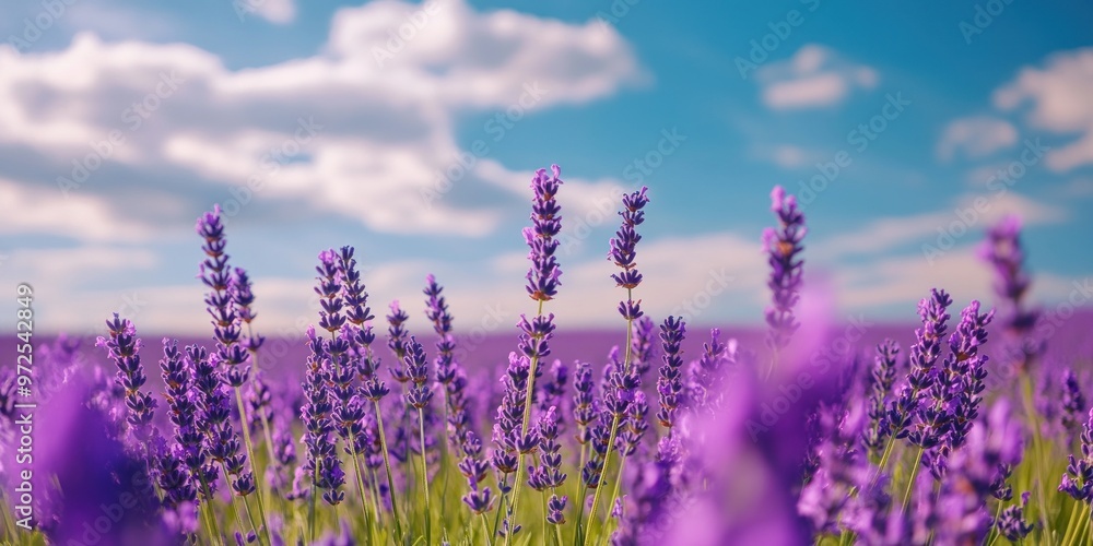 A vibrant field of lavender under a blue sky with fluffy clouds. A vibrant field of lavender under a blue sky with fluffy clouds.