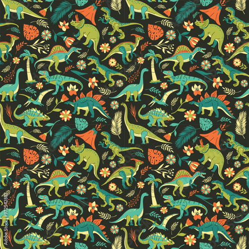 Seamless pattern with bright dinosaurs and green plants including T-rex, Brontosaurus, Triceratops, Velociraptor, Pteranodon, Allosaurus, etc. Isolated on dark background