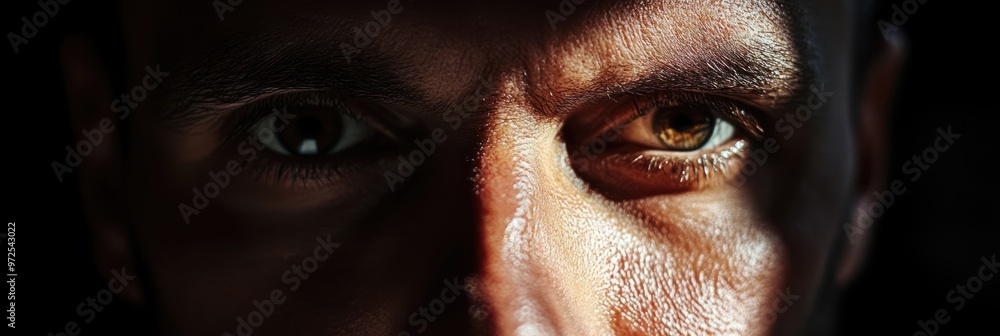 Close-up of a person's face highlighting distinct eye colors and skin texture. Close-up of a person's face highlighting distinct eye colors and skin texture.