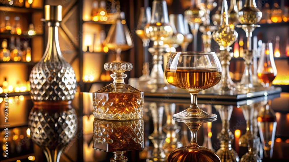 Elegant cognac with crystal decanter and glasses in a luxury bar setting Elegant cognac with crystal decanter and glasses in a luxury bar setting