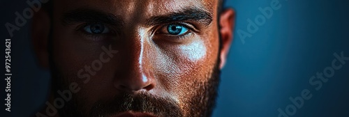 Close-up portrait of a man with striking blue eyes and a well-defined beard. photo