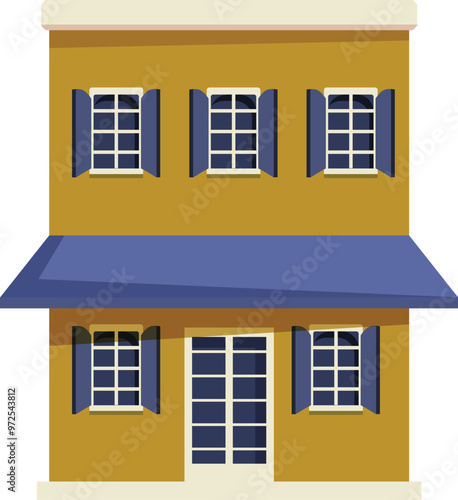 Billede på lærred Illustration of a charming two storey yellow building with a blue awning, perfec
