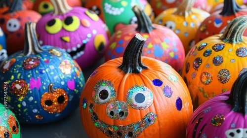 Colorful painted pumpkins decorated with shiny stickers, perfect for a Halloween art class.