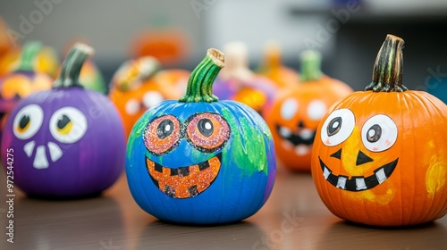 Colorful painted pumpkins decorated with shiny stickers, perfect for a Halloween art class.