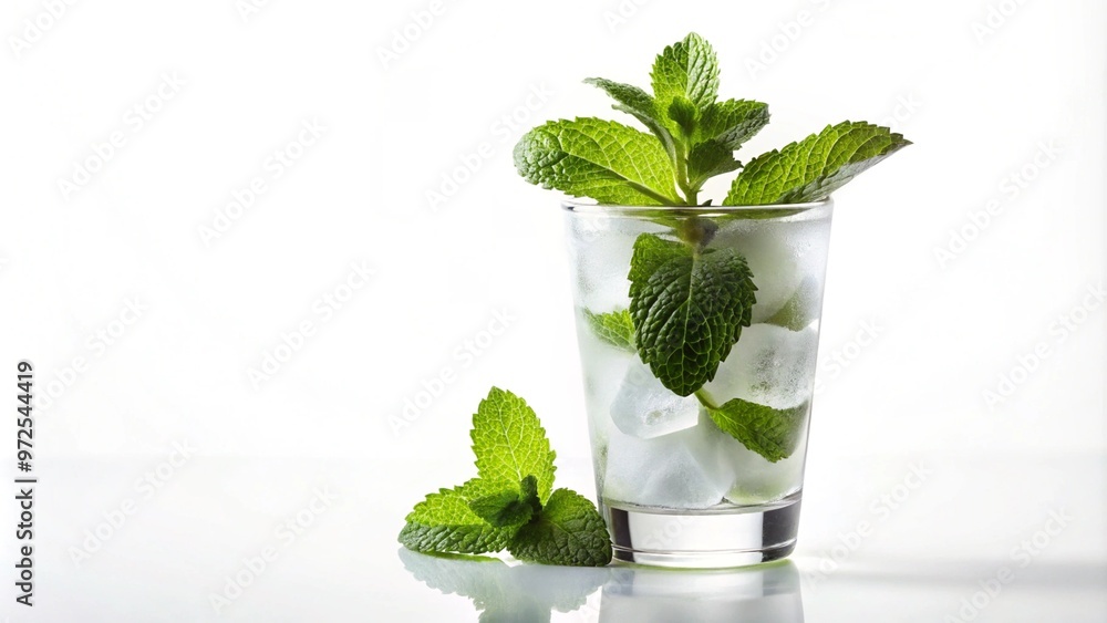 Mint Mojito with Ice Against Minimalist White Background with Copy Space Mint Mojito with Ice Against Minimalist White Background with Copy Space