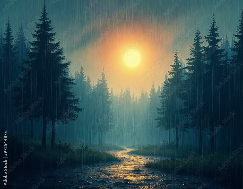 Fototapeta premium Concept photo of rainy day with sun, landscape background 