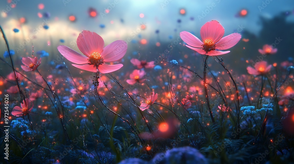 A vibrant field of natural and cybernetic flowers, where the organic blooms have radiant, soft petals while the cyborg flowers feature metallic stems and glowing components. A vibrant field of natural and cybernetic flowers, where the organic blooms have radiant, soft petals while the cyborg flowers feature metallic stems and glowing components.
