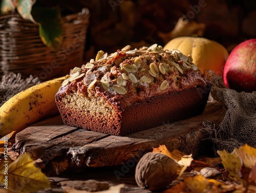 Banana Bread Surrounded by Autumn Leaves photo