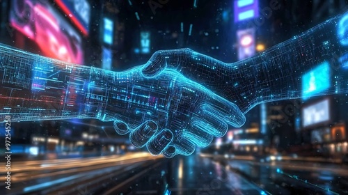 A digital handshake between a human hand and a robotic hand, surrounded by a glowing aura of data streams that symbolize trust and security. 
