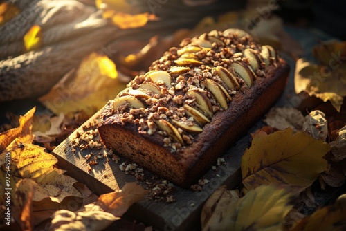 Banana Bread Surrounded by Autumn Leaves photo