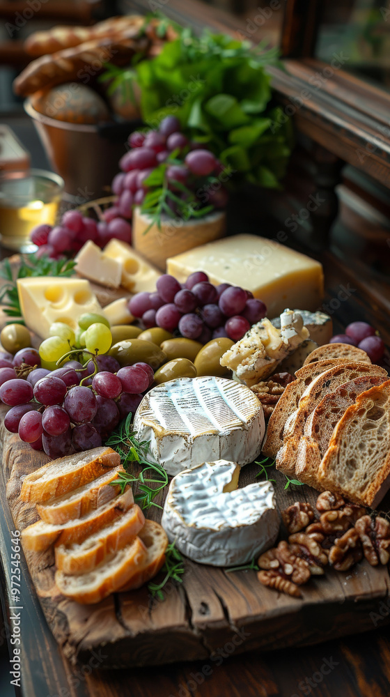 Elegantly Arranged Wicker Tray with Local Artisan Cheeses, Seasonal Fruits, Honey Drizzle, Mixed Nuts, and Artisanal Bread in a Sophisticated Restaurant Setting Elegantly Arranged Wicker Tray with Local Artisan Cheeses, Seasonal Fruits, Honey Drizzle, Mixed Nuts, and Artisanal Bread in a Sophisticated Restaurant Setting