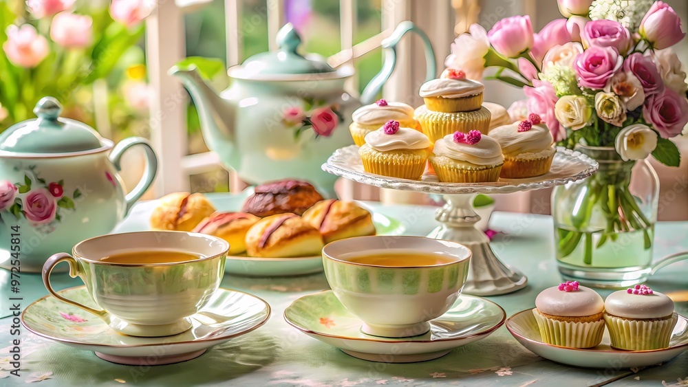 Fototapeta premium Floral Tea Set with Cupcakes, Pastel Garden Tea Party