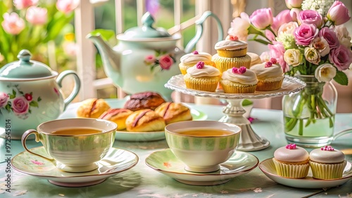 Floral Tea Set with Cupcakes, Pastel Garden Tea Party