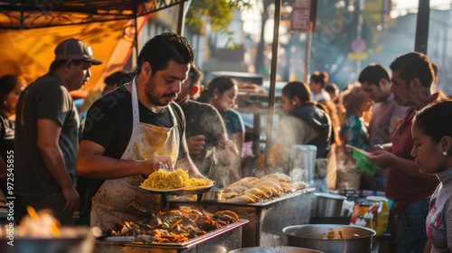 A street vendor in Mexico City making tacos al pastor, with a crowd of locals and tourists eagerly waiting, highlighting authentic street food culture photo