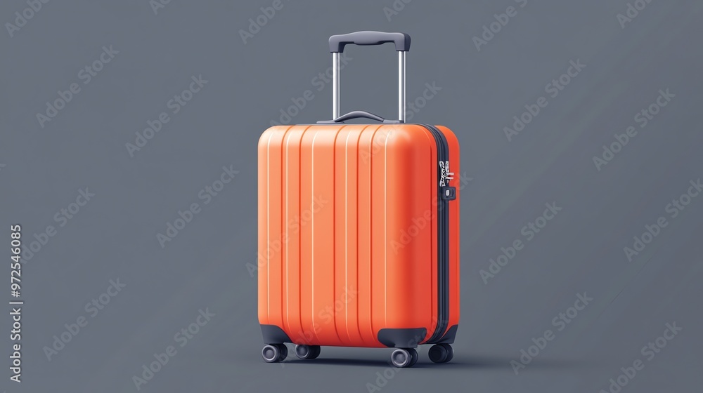 Orange suitcase with black handle and wheels on gray background. Orange suitcase with black handle and wheels on gray background.