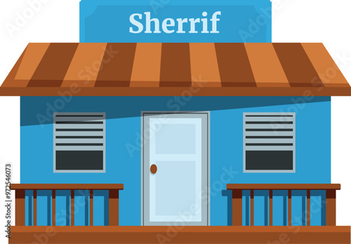 Cartoon style illustration featuring a small, blue, wild west sheriff's office building with a wooden porch, a sign, and a brown roof