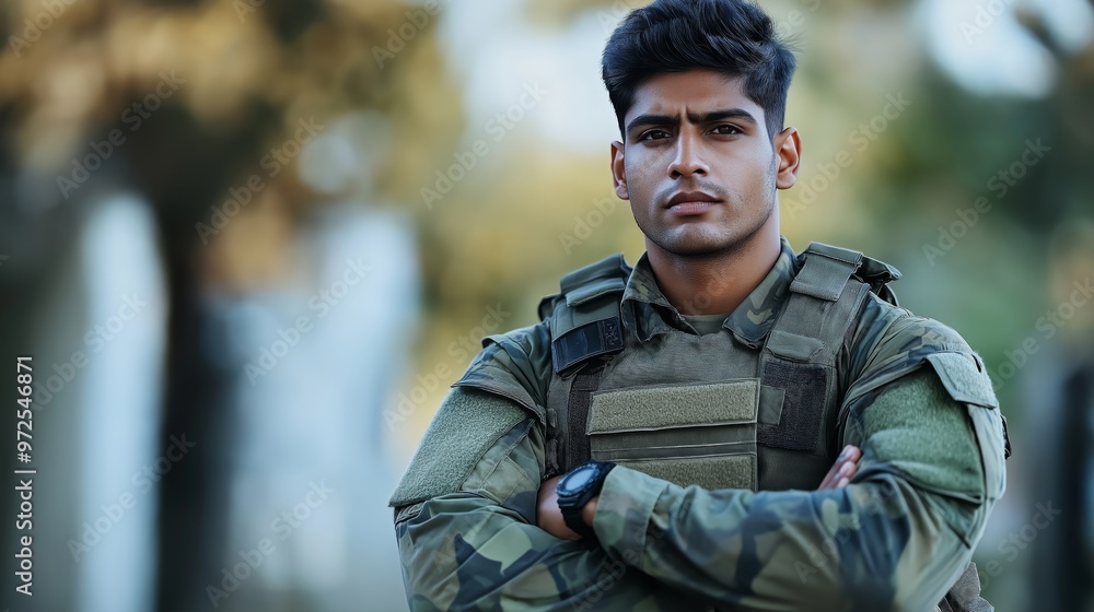 Fototapeta premium Proud Indian Soldier In Military Uniform Standing Outdoors in Nature, Reflecting Strength and Confidence