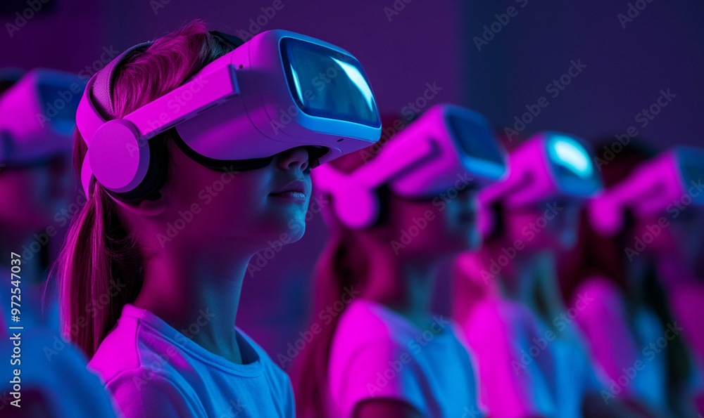 Children in an illuminated classroom wearing white VR headsets ...