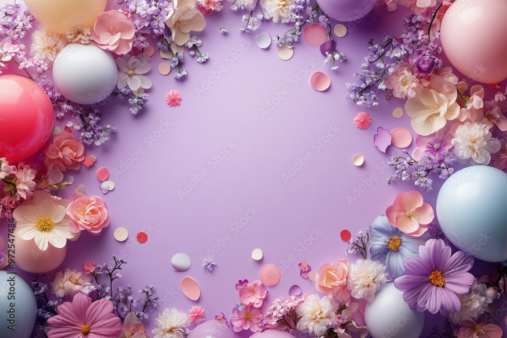 Flowers and balloons in pastel colors with confetti, purple background with space for text Flowers and balloons in pastel colors with confetti, purple background with space for text