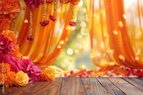 Indian decoration with copy space. Colorful floral arrangement with marigolds and pink flowers hanging from orange drapes. Wooden floor with petals. Background for invitation or greeting card