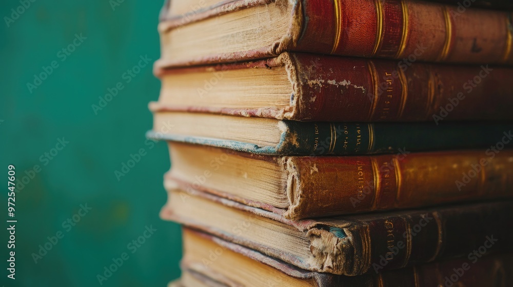 A close-up of old books with faded covers, stacked neatly in front of a green background, symbolizing age and knowledge. A close-up of old books with faded covers, stacked neatly in front of a green background, symbolizing age and knowledge.
