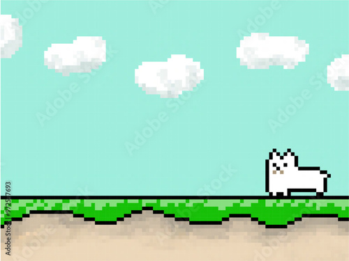 散歩する犬と青空と道の風景のドット絵
