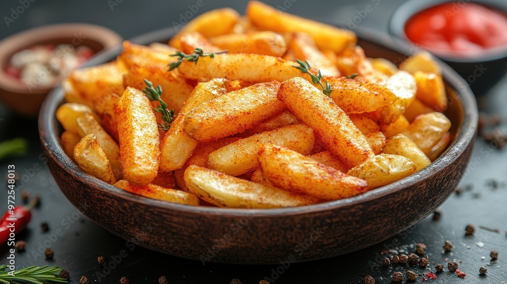 Top view of fried French fries in a pan with spices and oil on a dark background, perfect for a fast-food restaurant menu or poster, featuring a delicious potato dish
Top view of fried French fries in a pan with spices and oil on a dark background, perfect for a fast-food restaurant menu or poster, featuring a delicious potato dish