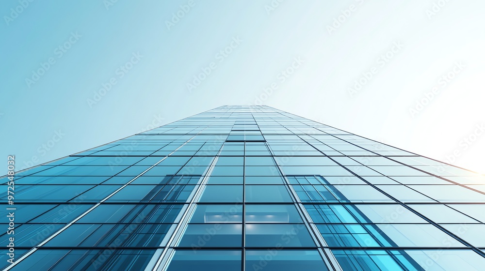 A low angle view of a modern skyscraper with a clear blue sky in the background. A low angle view of a modern skyscraper with a clear blue sky in the background.