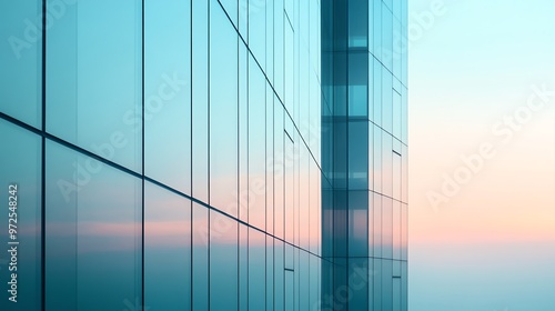 Closeup of a modern glass building with a pink and blue sunset reflected in the windows.
