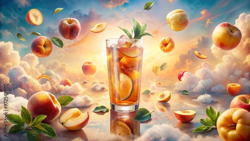 Dreamy peach iced tea with floating peaches and clouds in a surreal sky