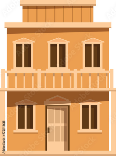 Classic saloon building from the american wild west, featuring a wooden balcony and a central doorway