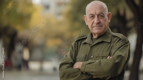 Elderly Israeli Male Veteran in Uniform Crossing Arms in Outdoor Setting Stock Photography for Diversity and Cultural Representation