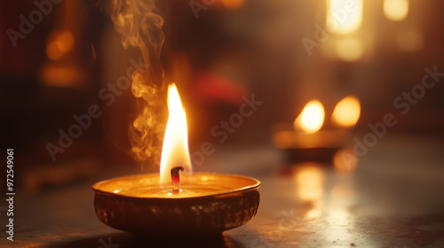 Lit candle with Rising Smoke in Warm Ambient Light, Peaceful Atmosphere