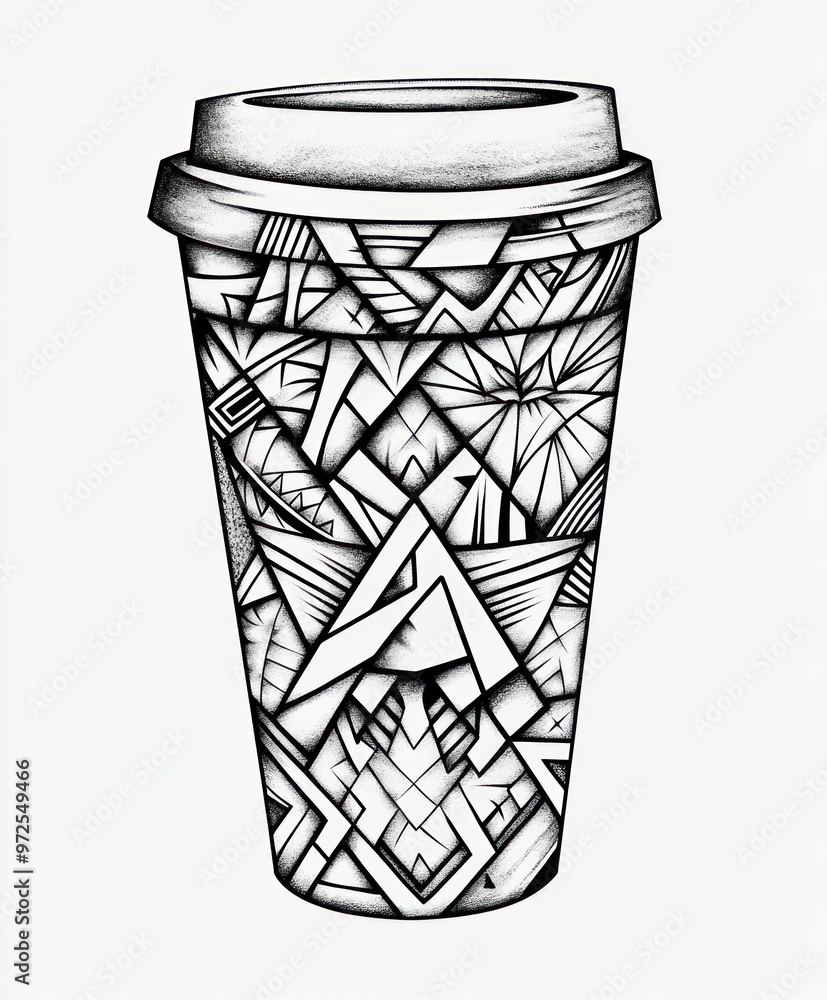 Fototapeta premium A black and white line drawing of a coffee cup with a geometric pattern.