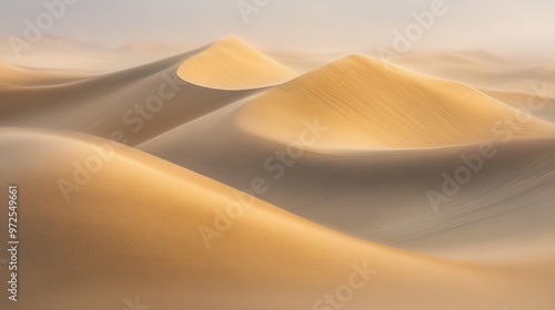 Serene landscape of soft, golden sand dunes under gentle light.