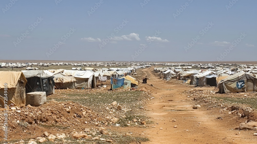 A refugee camp stretching across a barren landscape, with tents and makeshift shelters, illustrating the scale of a humanitarian crisis A refugee camp stretching across a barren landscape, with tents and makeshift shelters, illustrating the scale of a humanitarian crisis