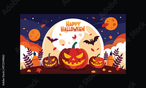 Vector Halloween Scene with Large Full Moon.