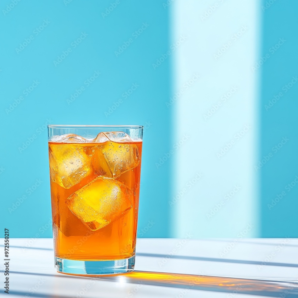A glass of iced tea with ice cubes on a white table against a blue background. A glass of iced tea with ice cubes on a white table against a blue background.