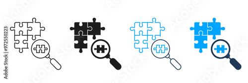 Magnifying Glass and Jigsaw Pieces Line and Silhouette Icon Set. Teamwork Connection. Problem Solving Linear Pictogram. Editable Stroke. Isolated Vector Illustration