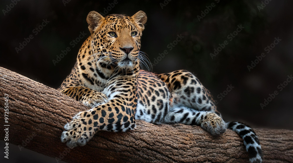 A leopard resting on a tree. A leopard sitting on a tree A leopard resting on a tree. A leopard sitting on a tree