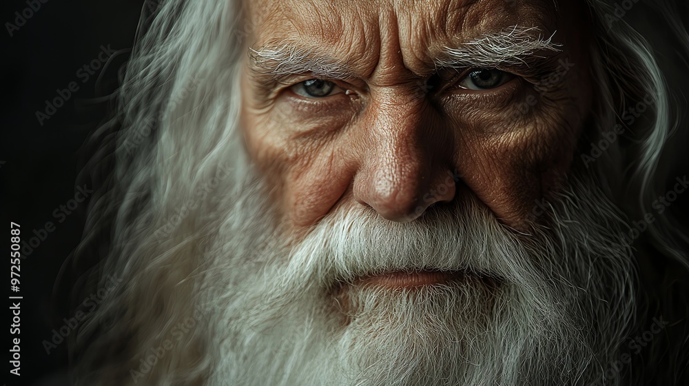 A close-up portrait of an elderly man with a long white beard, looking intensely at the camera. A close-up portrait of an elderly man with a long white beard, looking intensely at the camera.