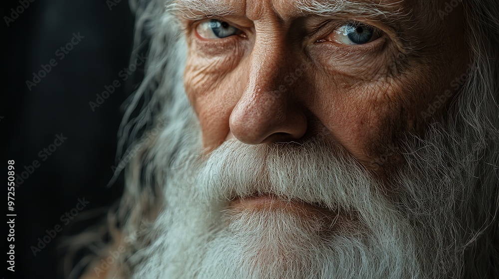 Close-up portrait of a senior man with a white beard and blue eyes. Close-up portrait of a senior man with a white beard and blue eyes.